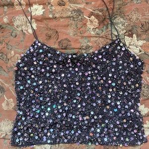 Ellen Tracey sequin camisole spaghetti strap top.  Amethyst purple